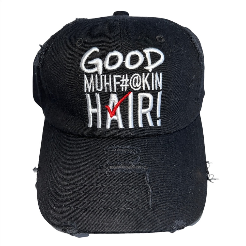 Good Muhf#@kin Hair adjustable distressed baseball hat.  One size fits most.